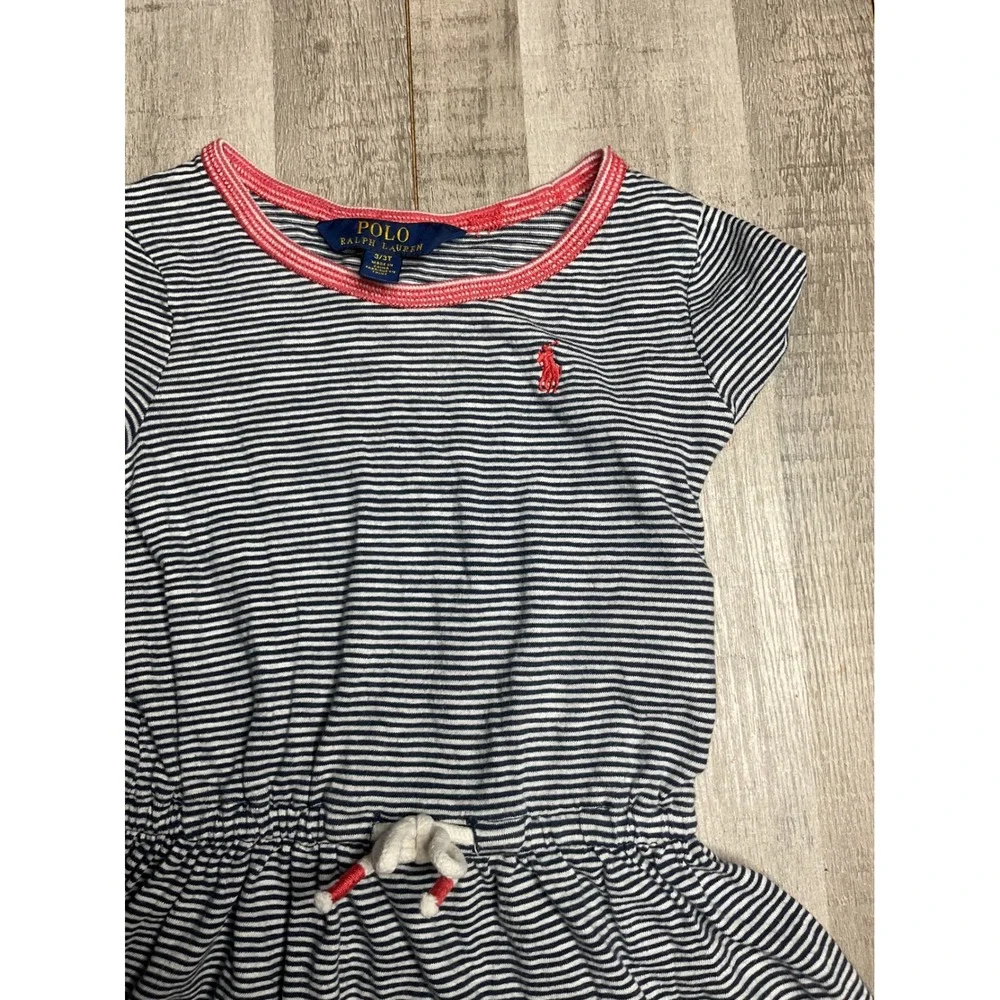 Polo Ralph Lauren Girls 3T Navy Blue White Striped Nautical Dress Red Accents